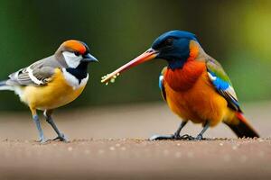 two colorful birds standing on the ground with food in their beaks. AI-Generated photo