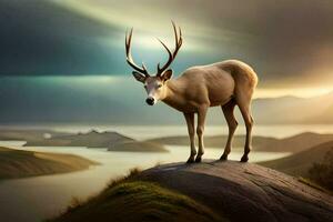 a deer stands on top of a hill overlooking a lake. AI-Generated photo