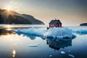 un rojo casa se sienta en un iceberg en el medio de el agua. generado por ai foto