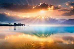 the sun shines over a mountain and lake. AI-Generated photo