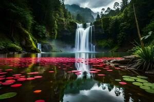 a waterfall surrounded by water lilies and trees. AI-Generated photo