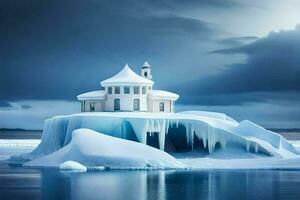 un pequeño casa en un iceberg en el medio de el océano. generado por ai foto