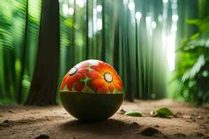 un Pascua de Resurrección huevo es sentado en el medio de un bosque. generado por ai foto