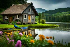photo wallpaper water, the sky, flowers, peacock, lake, cottage, house, the. AI-Generated
