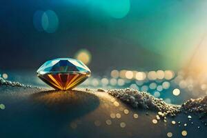 a diamond sitting on the sand with bokeh. AI-Generated photo