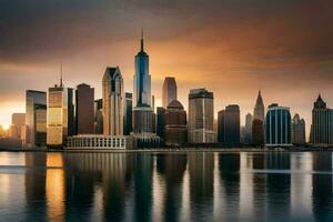 the manhattan skyline at sunset. AI-Generated photo