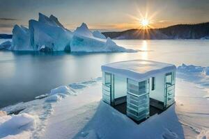 a small ice house sits on the shore of a lake. AI-Generated photo