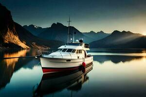 un barco en el agua a puesta de sol. generado por ai foto