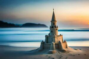 un arena castillo en el playa a puesta de sol. generado por ai foto