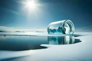 a bottle sitting on the ice with the sun shining. AI-Generated photo