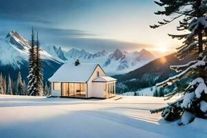 a cabin in the snow with mountains in the background. AI-Generated photo