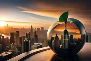 un manzana con un paisaje urbano en el medio. generado por ai foto