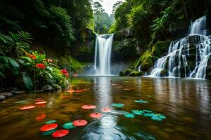 waterfall in the jungle with colorful flowers. AI-Generated photo