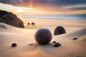 un puntiagudo pelota se sienta en el arena a puesta de sol. generado por ai foto