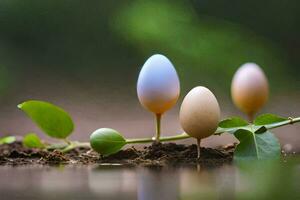 three eggs are growing on a plant. AI-Generated photo