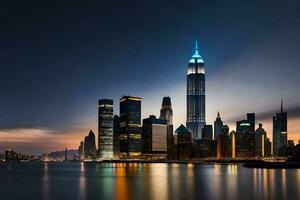 el Manhattan horizonte a noche. generado por ai foto