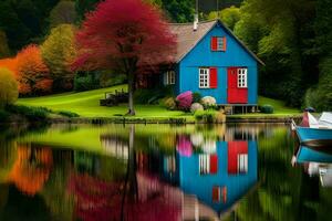 colorful house on the lake with a boat in the water. AI-Generated photo