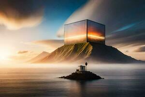 a man stands on a rock in front of a large cube. AI-Generated photo