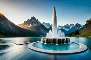a fountain in the middle of a lake with mountains in the background. AI-Generated photo