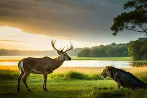 a lion and a deer are standing in the grass. AI-Generated photo