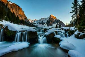 a waterfall in the snow with trees and rocks. AI-Generated photo