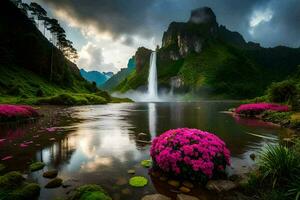 the waterfall in the background is surrounded by pink flowers. AI-Generated photo