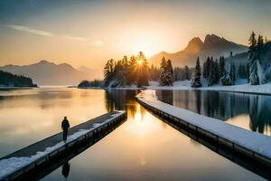 a man stands on a dock looking at the sun setting over a lake. AI-Generated photo