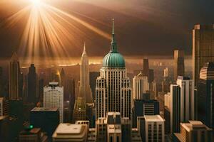 the sun shines brightly over a city skyline. AI-Generated photo