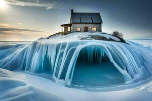 un casa es rodeado por hielo y nieve. generado por ai foto