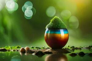 a colorful egg with grass on top of it is sitting on the water. AI-Generated photo