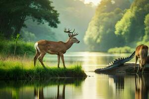 two deer stand in the water near a crocodile. AI-Generated photo