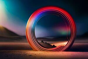 a colorful ring in the desert with a bright light. AI-Generated photo