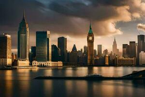 el ciudad horizonte de nuevo York a puesta de sol. generado por ai foto