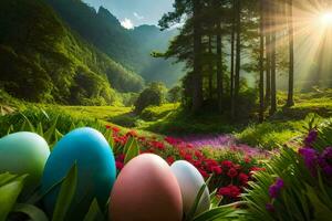 easter eggs in the forest. AI-Generated photo