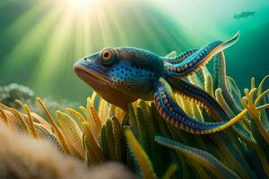 a fish with bright colors is sitting on the sea floor. AI-Generated photo