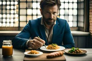 un hombre en un azul traje comiendo pasta y vegetales. generado por ai foto