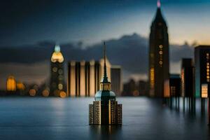 a miniature city skyline in the middle of a lake. AI-Generated photo