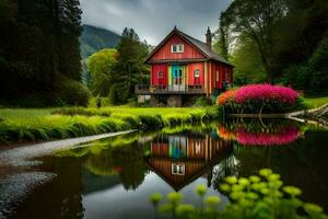 un rojo casa es reflejado en el agua. generado por ai foto