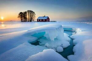 un rojo casa se sienta en el congelado lago con hielo. generado por ai foto