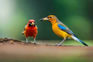 two colorful birds standing on a dirt patch. AI-Generated photo