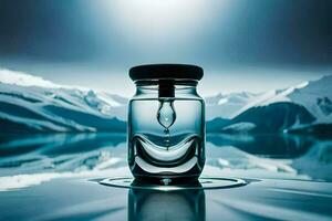 a bottle with water in it sitting on the water. AI-Generated photo