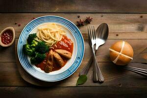 a plate with spaghetti, broccoli and eggs on a wooden table. AI-Generated photo