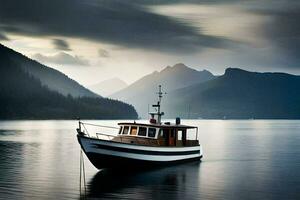 a boat in the water with mountains in the background. AI-Generated photo