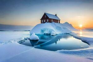 un casa se sienta en un iceberg en el medio de el océano. generado por ai foto