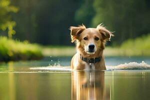 un perro es nadando en el agua. generado por ai foto