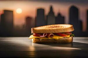 a sandwich with cheese, ham and tomatoes on a table in front of a city skyline. AI-Generated photo