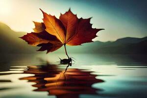 a single maple leaf is reflected in the water. AI-Generated photo