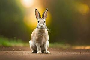 a rabbit sitting on the ground in front of a blurry background. AI-Generated photo