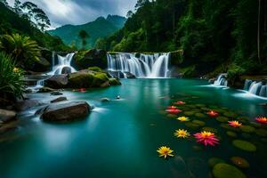 waterfalls and flowers in the jungle. AI-Generated photo