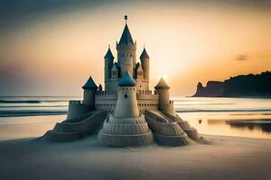 un arena castillo en el playa a puesta de sol. generado por ai foto